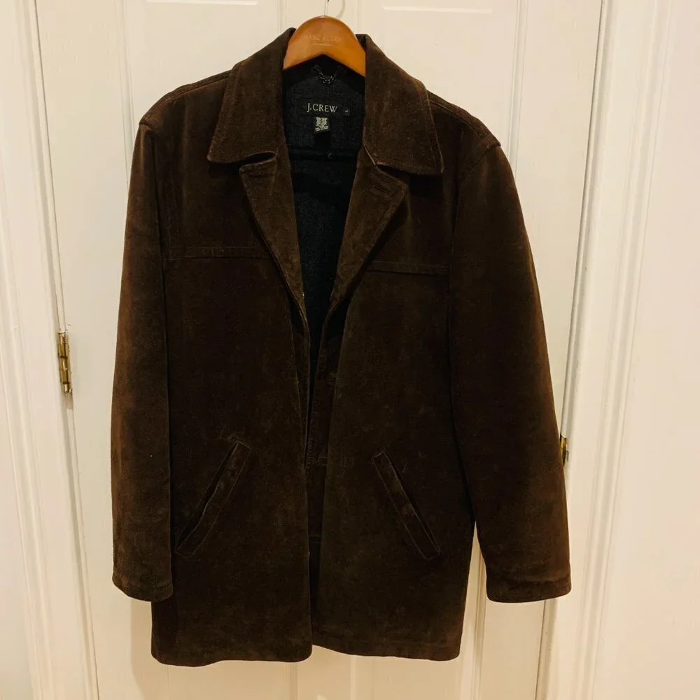 J CREW Suede Leather Jacket Lined Coat Button Down Wool Lining Brown Vintage 90s